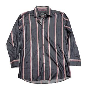 Bugatchi Uomo Long-Sleeve Striped Black Tartan Plaid Dress Shirt Men's Large